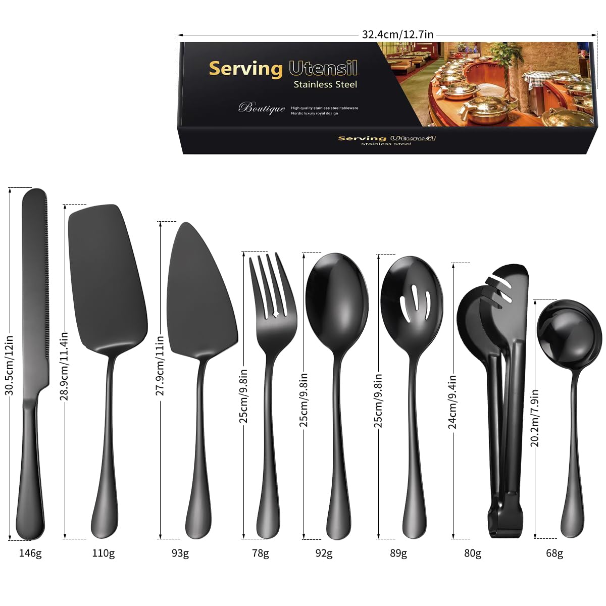 AARAINBOW Exquisite 8 Pieces Serving Utensils Set, Stainless Steel Serving Utensils Large Hostess Serving Set with Serving Spoons, Serving Tongs, Serving Fork, Cake Knife for Parties Buffet (8 Black)…