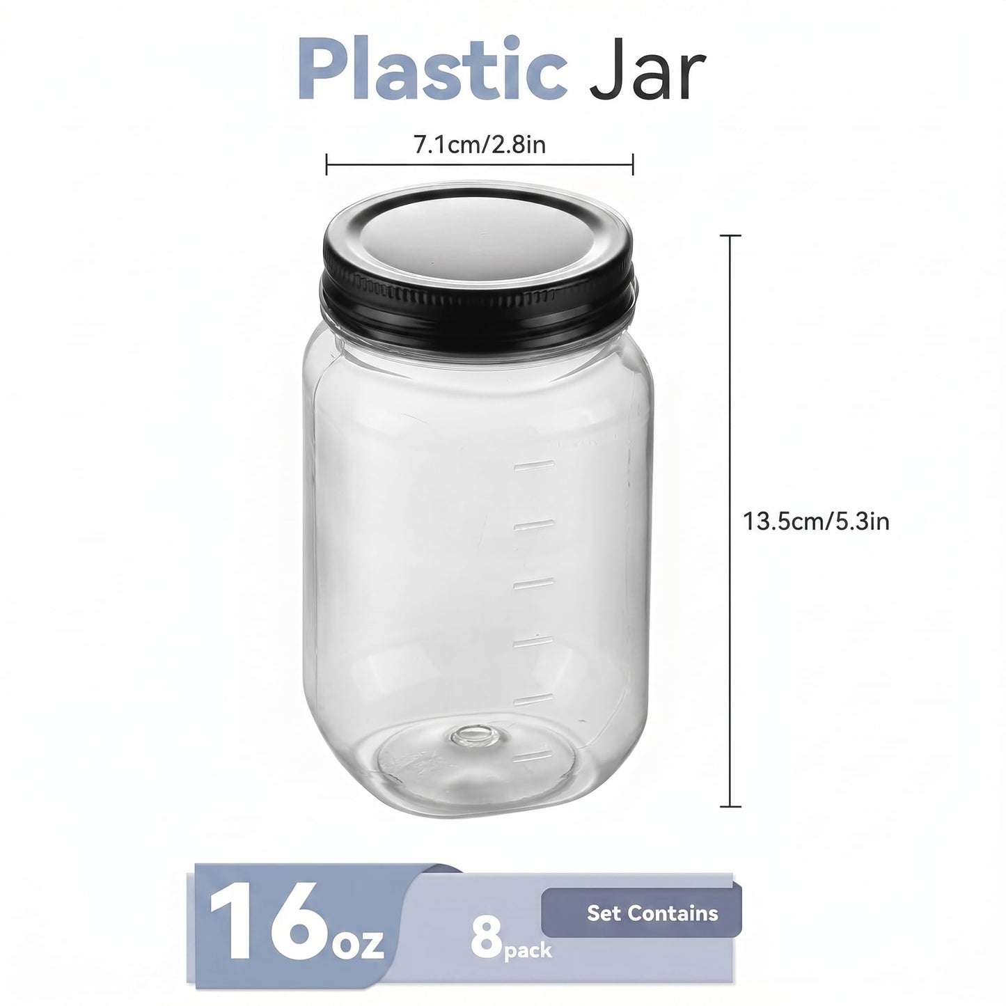 novelinks 16 oz Plastic Mason Jars with Lids, Refillable Clear Plastic Jars with Lids 16oz & Reusable Empty Storage Containers with Lids (Black,8 Pack)