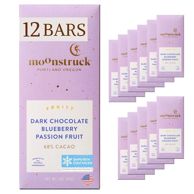 Moonstruck Chocolate Blueberry and Passion Fruit Dark Chocolate Bar, 68% Cacao, 3.0oz (Pack of 12)