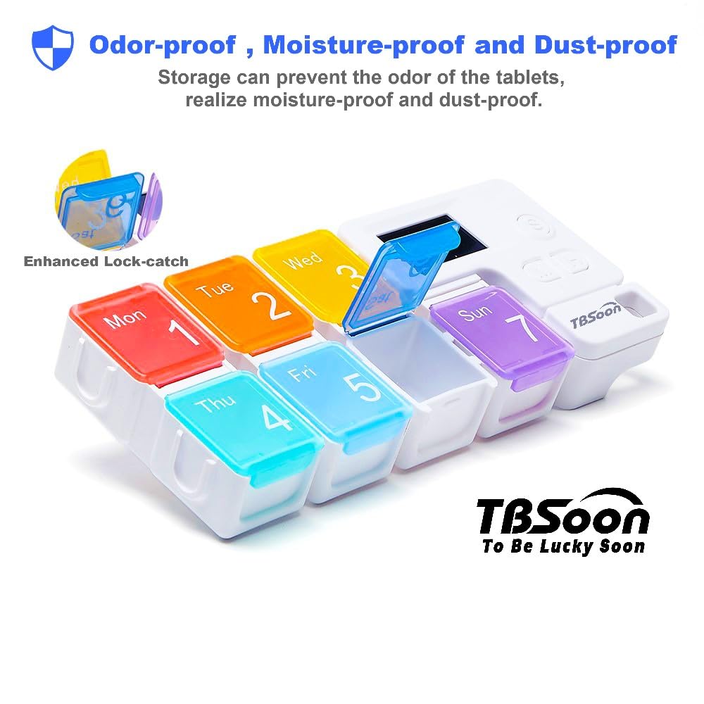 7 Day Medicine Pill Organizer, 4 Reminder Alarms, Loud Sound, 7 Large Compartments, Large Screen, Moisture-Proof, Dust-Proof, Travel Weekly/Daily Pill Box/Organizer/Case/Container/Dispenser, TBSoon