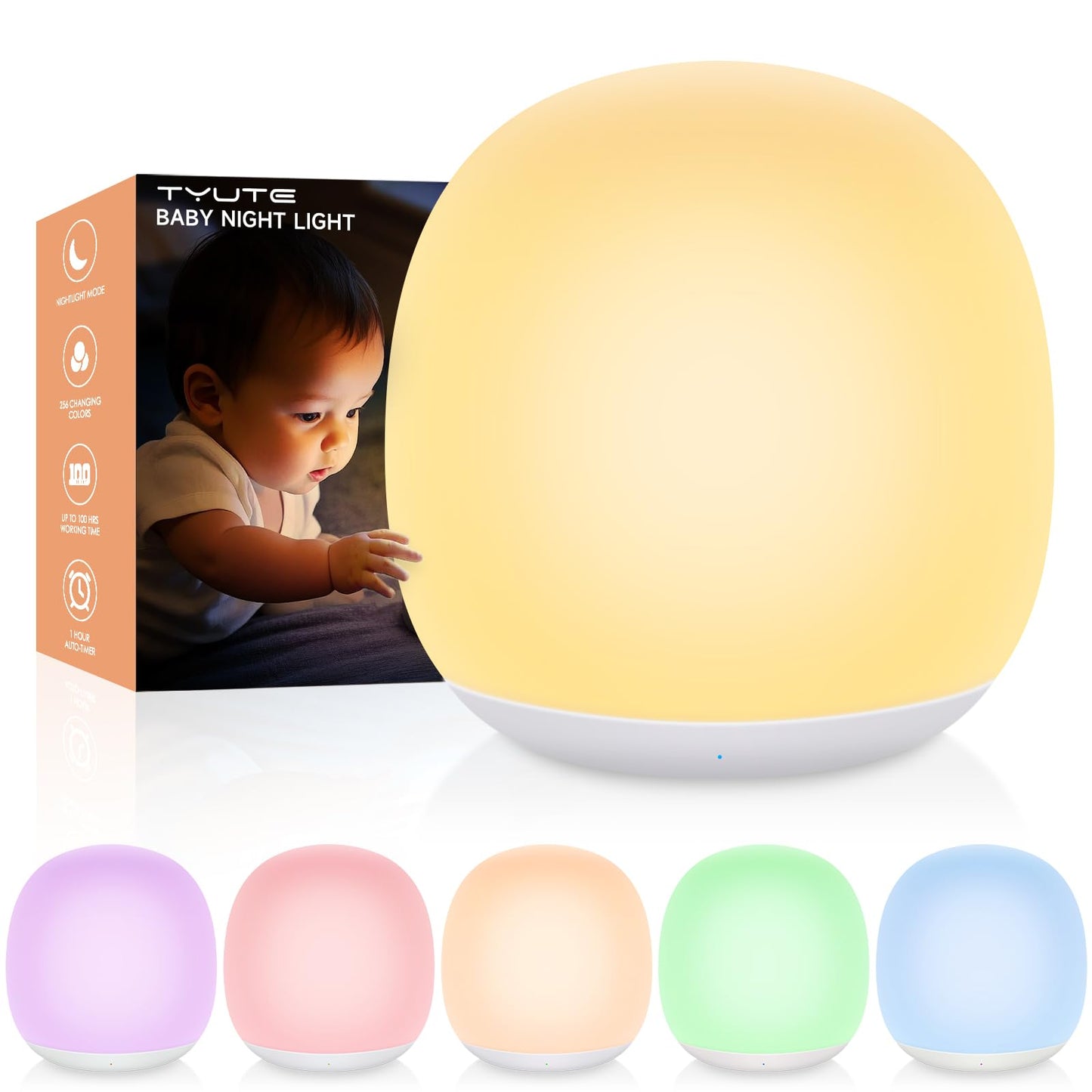 Tyute Baby Night Light, Nursery Night Lamp with 8 RGB Colors Changing, Soft BPA Free Silicone Touch Night Light for Kids Room Breastfeeding, 1h Timer, Rechargeable & Stepless Dimming