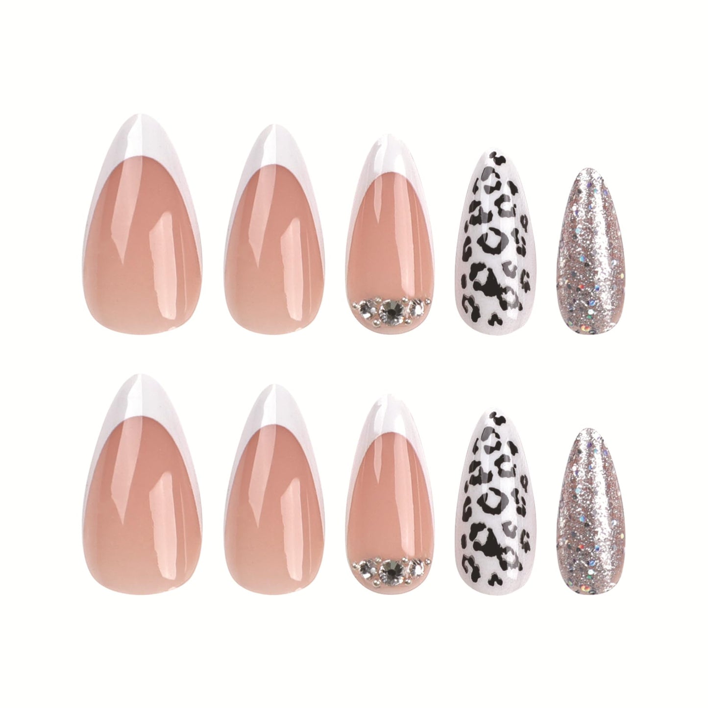 CLYHLTMZ French Tip Press On Nails, Medium Almond Fake Nails - Nude Acrylic False Nails with Leopard Print, Silver Glitter & Rhinestone Accents, Reusable Glue On Nails Kit for Women, 24PCS