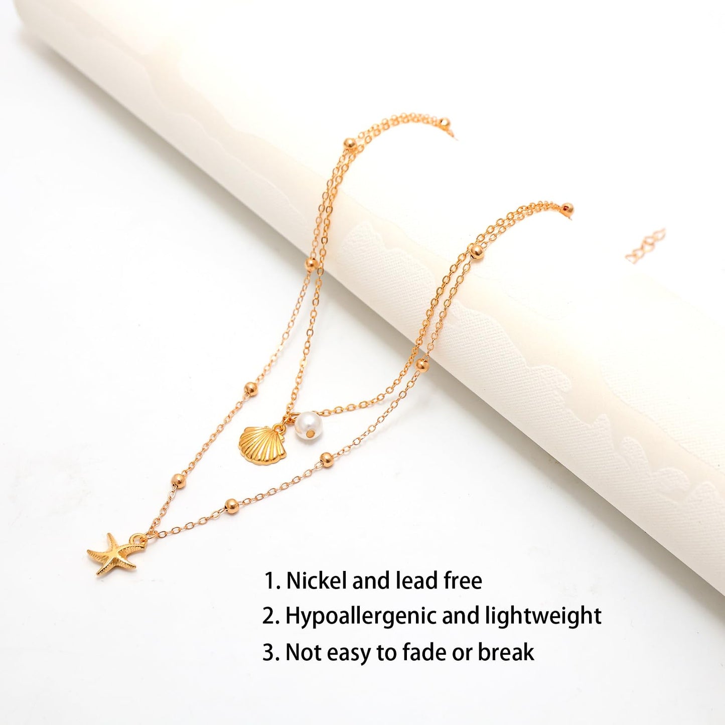 Starfish Shell Necklace for Women, 14K Gold Plated Layered Shell Starfish SeaShell Pearl Pendant Charm Beaded Necklace Stack Dainty Beach Ocean Beachy Necklaces for Women Summer Vacation Non Tarnish