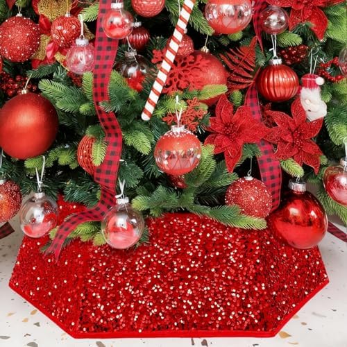 XmasExp Christmas Tree Collar, 39 inch Sequin Tree Skirt Stand Base Cover for Home Decor (Red, X-Large)