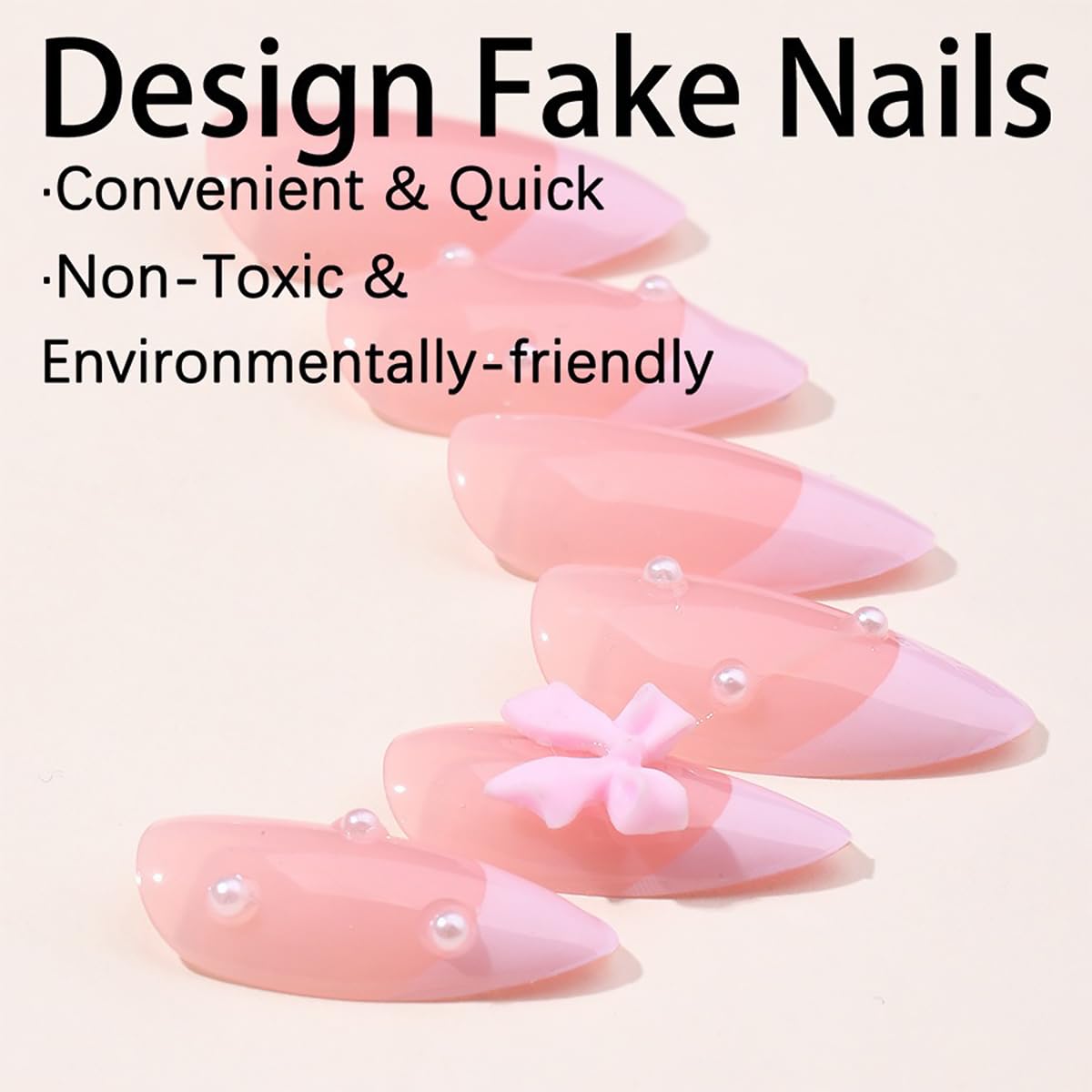 Pink Bow Press on Nails Medium Almond Fake Nails Nude Pink Nail Tips with Pearl Design Cute False Nails Stick on Nails Glossy Acrylic Glue on Nails Full Cover Artificial Nails for Women 24Pcs