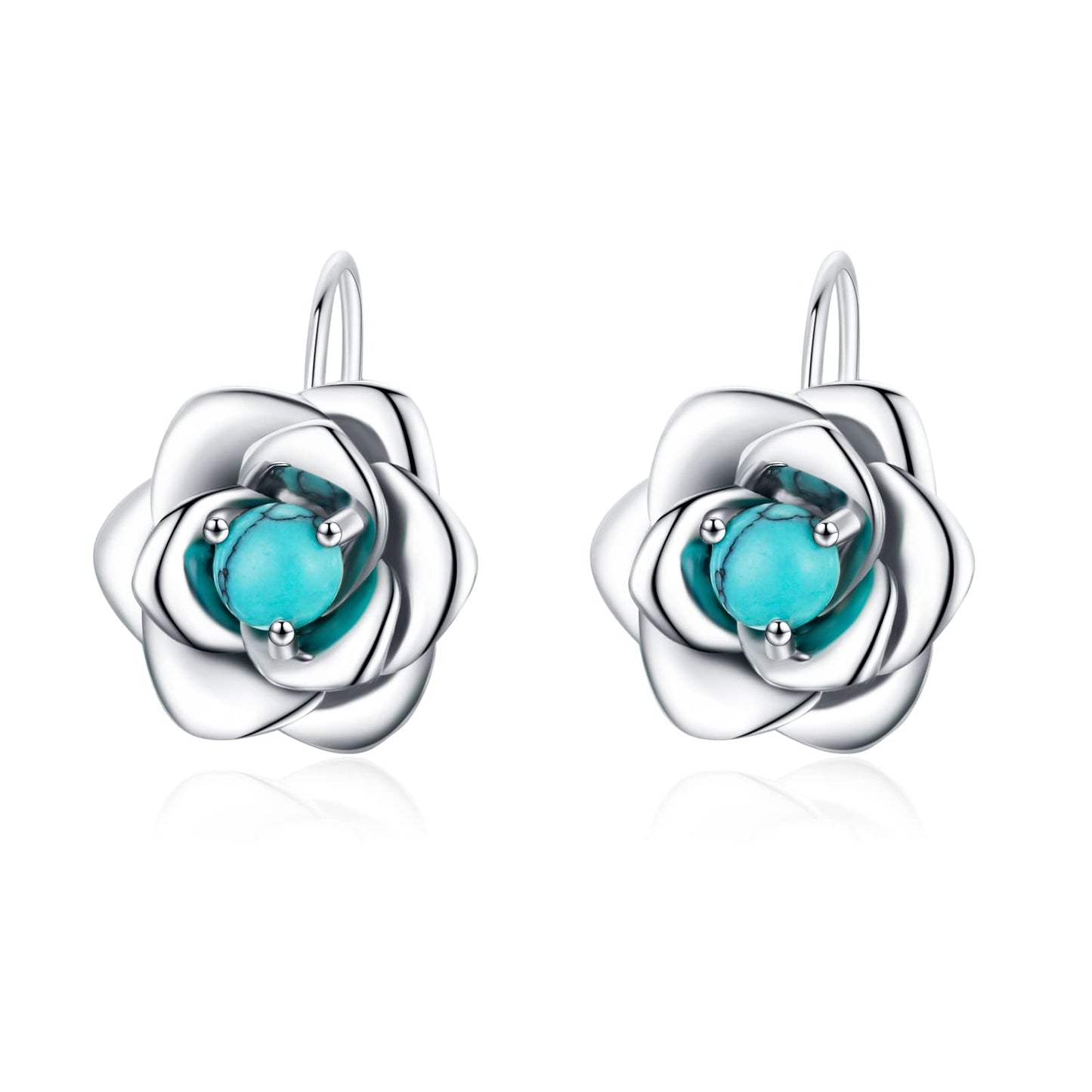 BDL Rose Genuine Turquoise Leverback Earrings Sterling Silver Dangle Drop Jewelry for Women