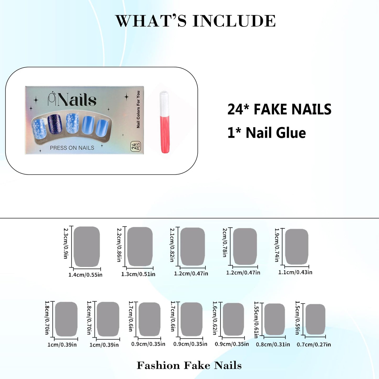 IMRAIN Short Square Press on Nails Blue White Fake Nails with Snowflakes Designs Gel Glue on Nails Glossy Xmas Acrylic False Nails Winter Stick on Fingernails for Women