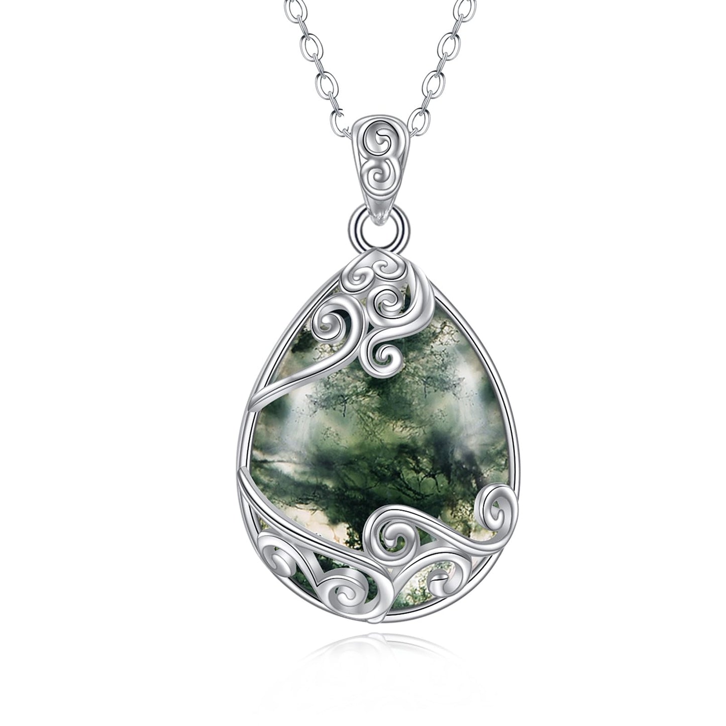 YAFEINI 925 Sterling Silver Moss Agate Necklace Filigree Teardrop Pendant Necklace Moss Agate Jewelry for Women (O-Moss Agate Filigree Necklace)