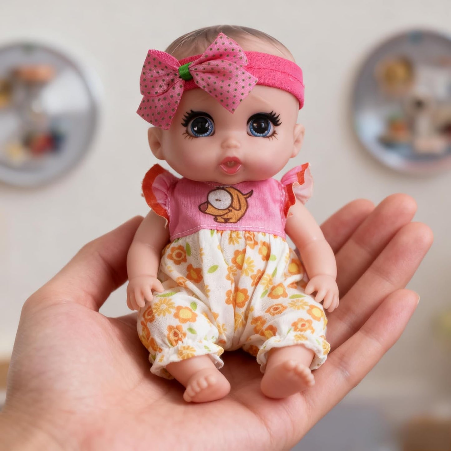 Beem Jun 6 Inch Small Baby Doll Handbag Bag Set with Little Bottle，All Vinyl Reborn Baby Dolls Nursing Set for Kids.Easter Baby Doll Kit (Pink & Blue)