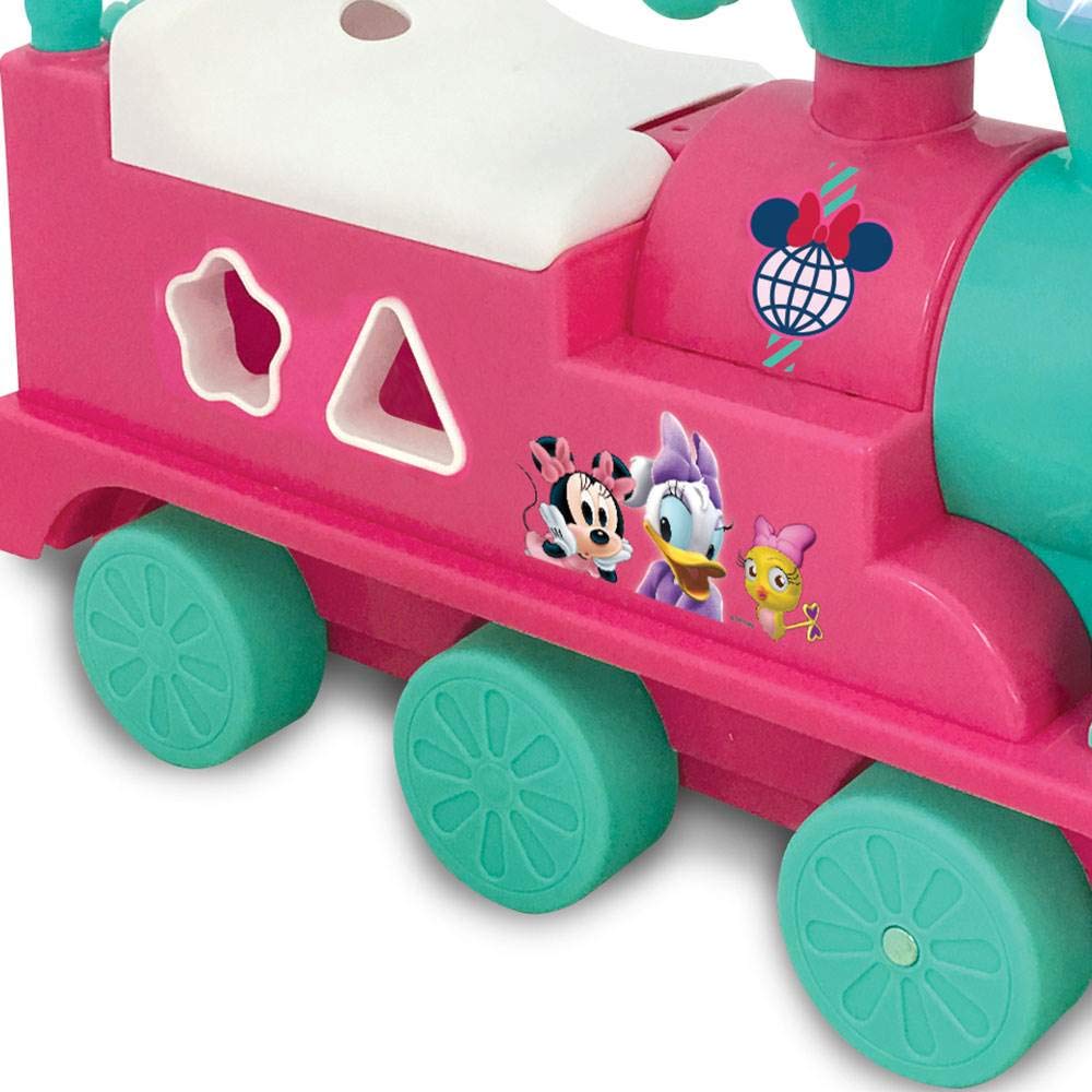 Kiddieland Disney Minnie Mouse Play n' Sort Activity Train Ride-On with Lights, Sounds, Shape Sorter, Storage Seat, Push Handle, Ages 12–36 Months, Toddler Indoor Toy for Motor Skills