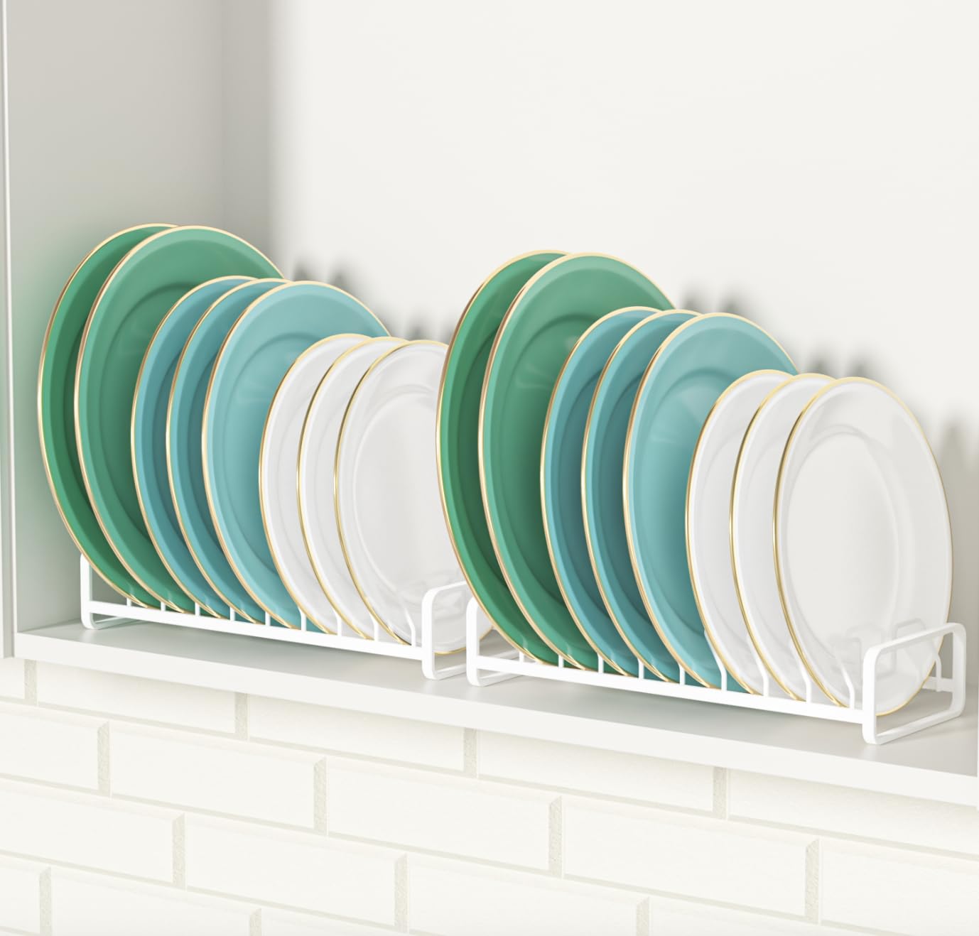 Plate Organizer for Cabinet (2-Pack),Kitchen Dish Rack Organizer for Cabinet Countertop Drawer Space Saver，8 Slots Vertical Plate Holder Storage Rack, Housewarming Kitchen Gifts for Women (White)