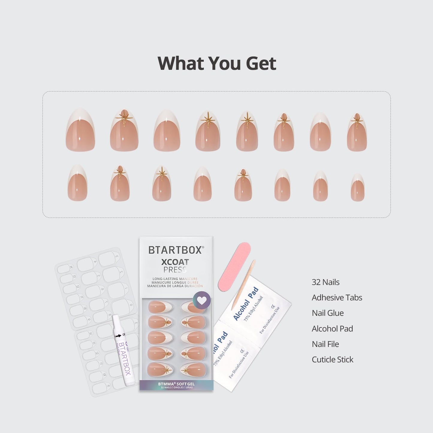 BTArtbox Press On Nails Short - Starlight Frost, 3D Gold French Tip Press On Nails with Glue and Adhesive Tabs for Women in 16 Sizes - 32 Soft Gel Glue On Nails Kit