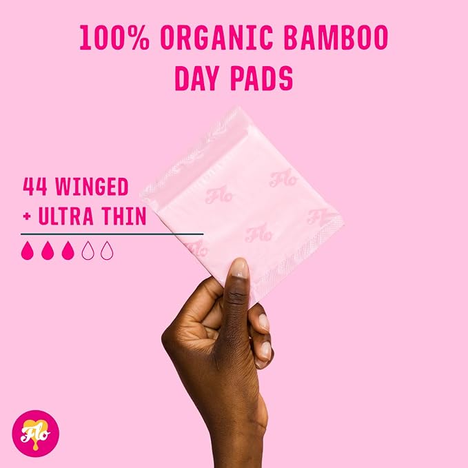 Flo Bamboo Day Period Pads with Wings (44 Pads) - Super Absorbent, Soft, Thin