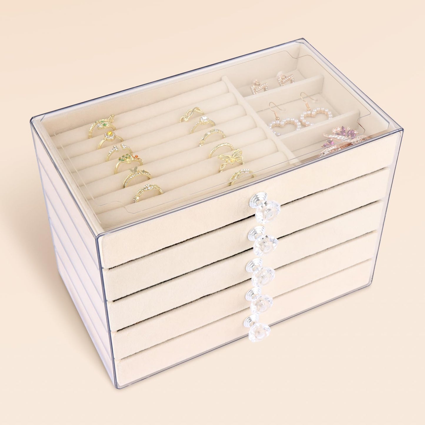 Hyber&Cara Luxury Acrylic Jewelry Box Organizer - 5 Drawers Velvet Lined Clear Stackable Storage for Earrings Necklaces Rings Bracelets Elegant Beige Dresser Top Vanity Display