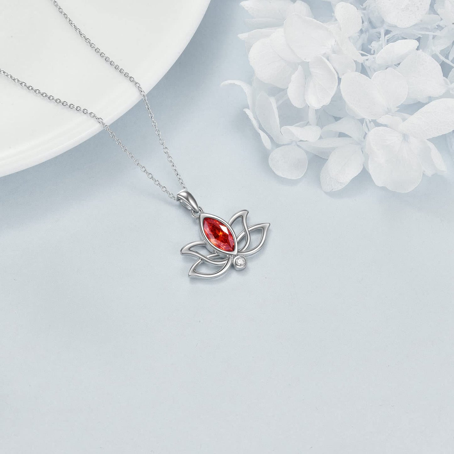 YFN Lotus Necklace Sterling Silver July Birthstone Pendant Created Ruby Jewelry Gifts for Women (Jul)