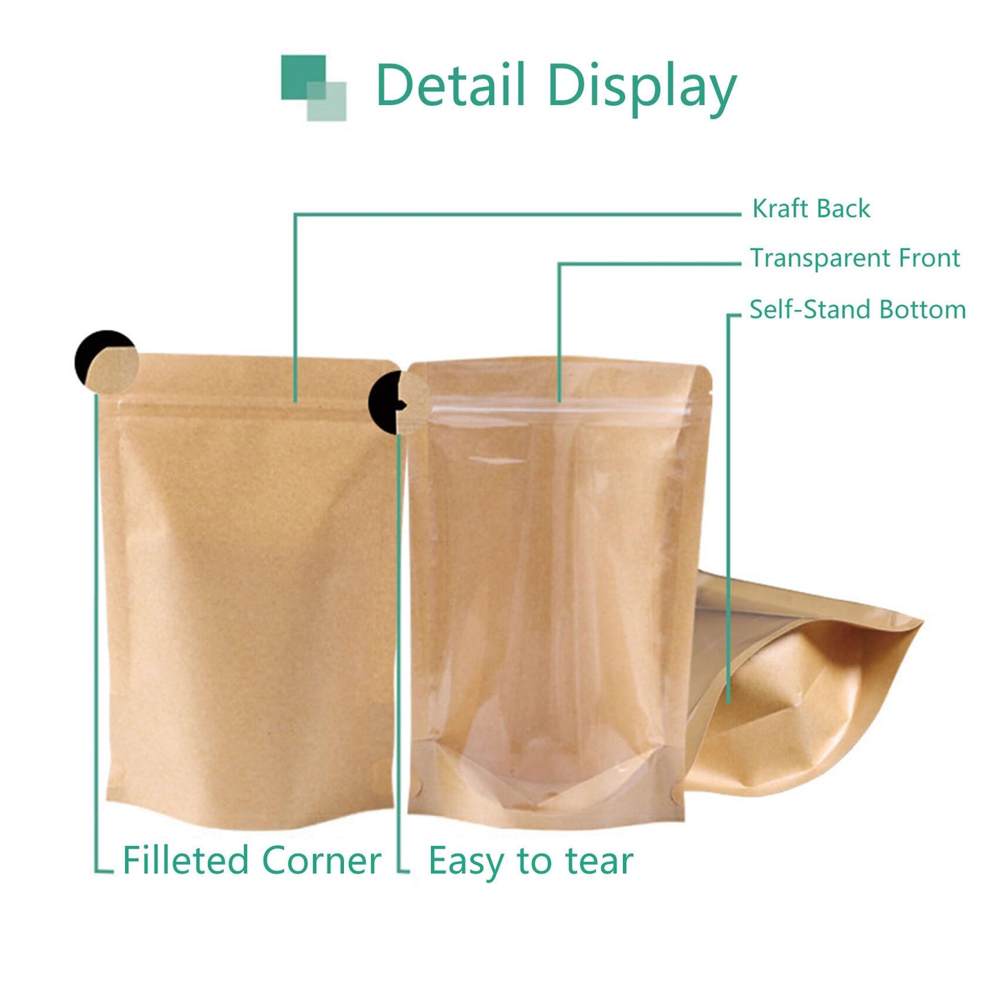 100 Pack Kraft Resealable Bags with Clear Front Stand Up Brown Kraft Bags with Window Transparent Bulk Pouches Ziplock Paper Bags 3.5"x5.5"