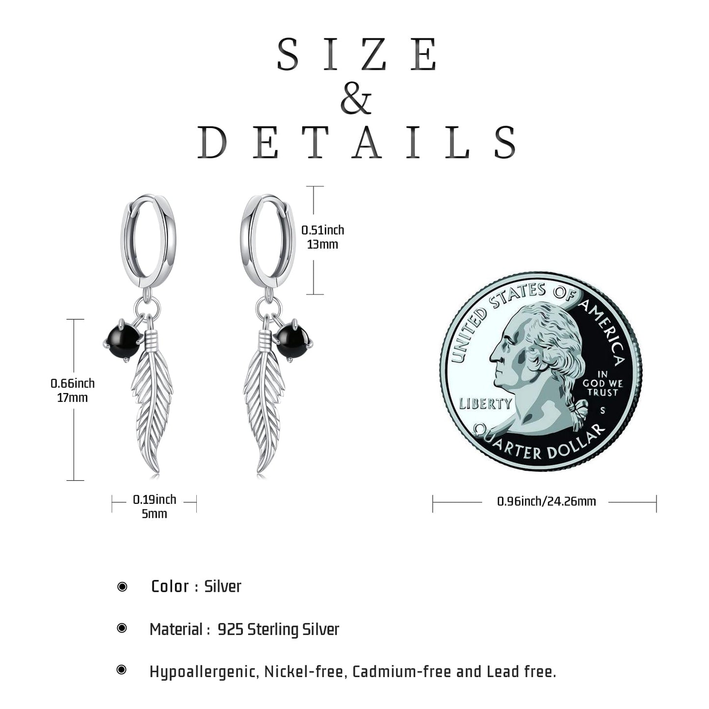 Feather Black Onyx Earrings 925 Sterling Silver Black Onyx Dangle Drop Earrings Feather Jewelry Bohemian Gifts for Women