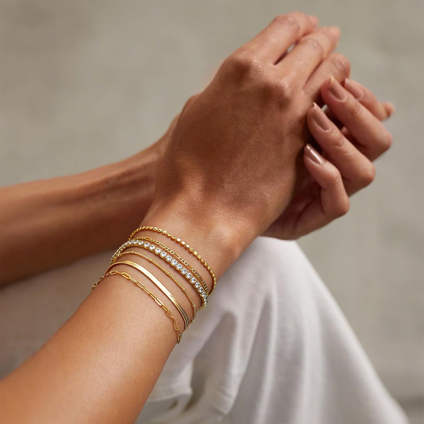 Krfy 6Pcs 16K Gold Plated Bracelets for Women Trendy, Bracelet Stack, Non Tarnish Waterproof Bracelets for Women, Paperclip Herringbone Figaro Cuban Twist Chains, Size 6.5''+2''