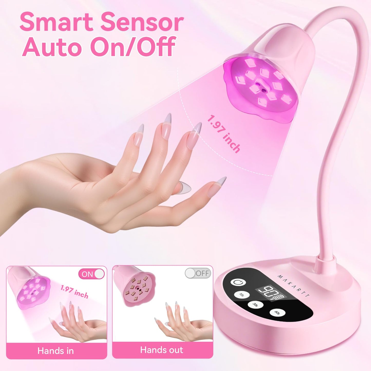 Makartt UV Nail Lamp - Gooseneck LED Nail Light with Auto Sensor & 4 Timers, Rechargeable USB Cordless Flash Cure Lamp Nail Dryer Fast Curing Gel Polish at DIY Home Salon(Pink)