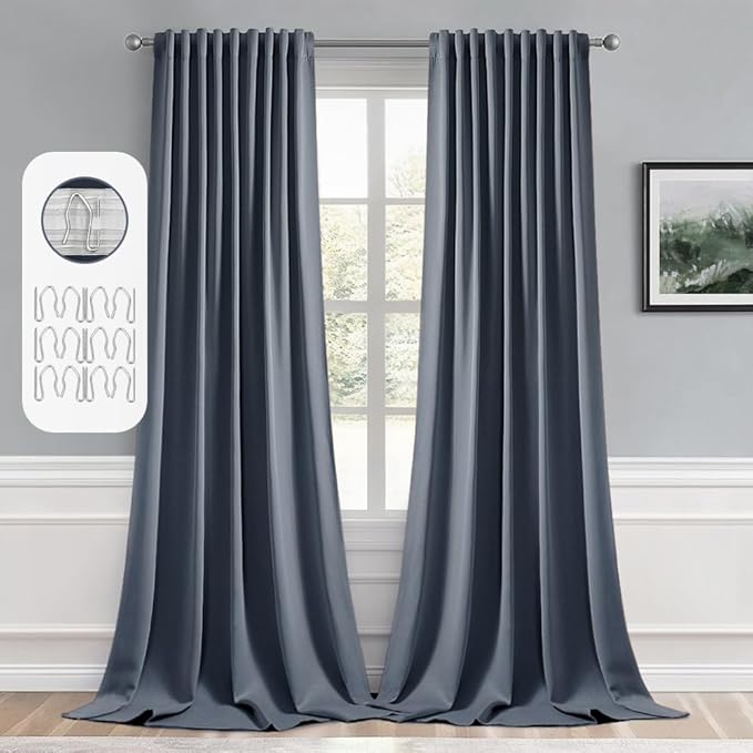 MIULEE Stone Blue Back Tab Blackout Curtain 96 Inch Long 2 Panels Set for Bedroom, Rod Pocket/Pinch Pleat Thermal Insulated Living Room Darkening Pleated Light Blocking Floor to Ceiling Drape