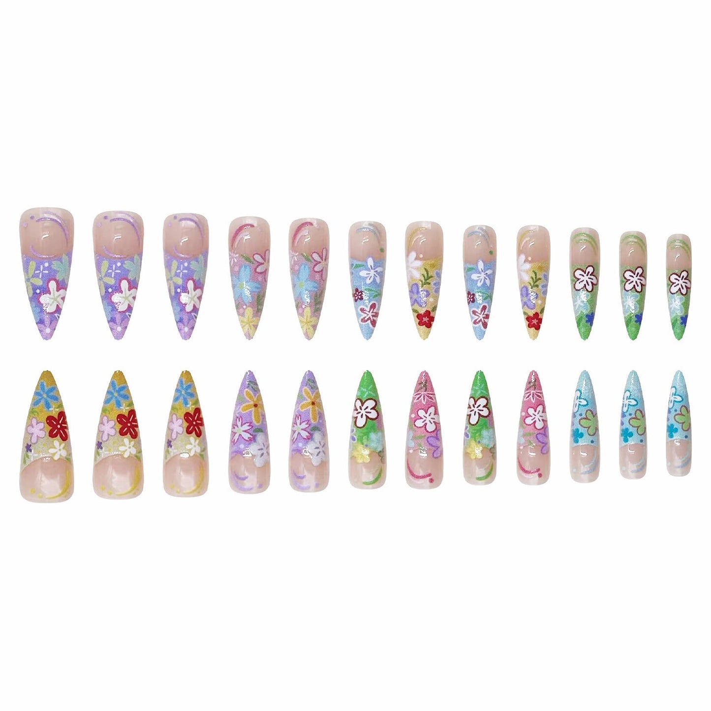 MISUD Press on Nails - Long Stiletto Fake Nails with Colorful French Tip, Acrylic Spring Summer Flower Design 24 pcs