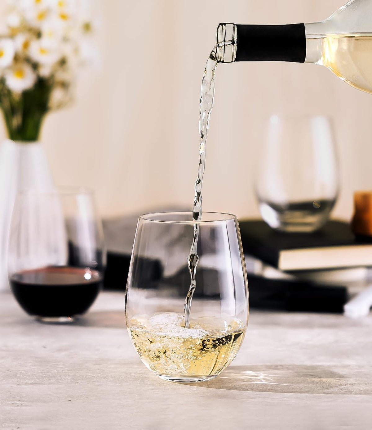 LUNA & MANTHA Stemless Wine Glasses Set of 2, 18oz Crystal Red White Wine Glasses for Daily Use, Hosting, Home Bar, Evening Party, Birthdays, Shower, Housewarming Gift, Clear