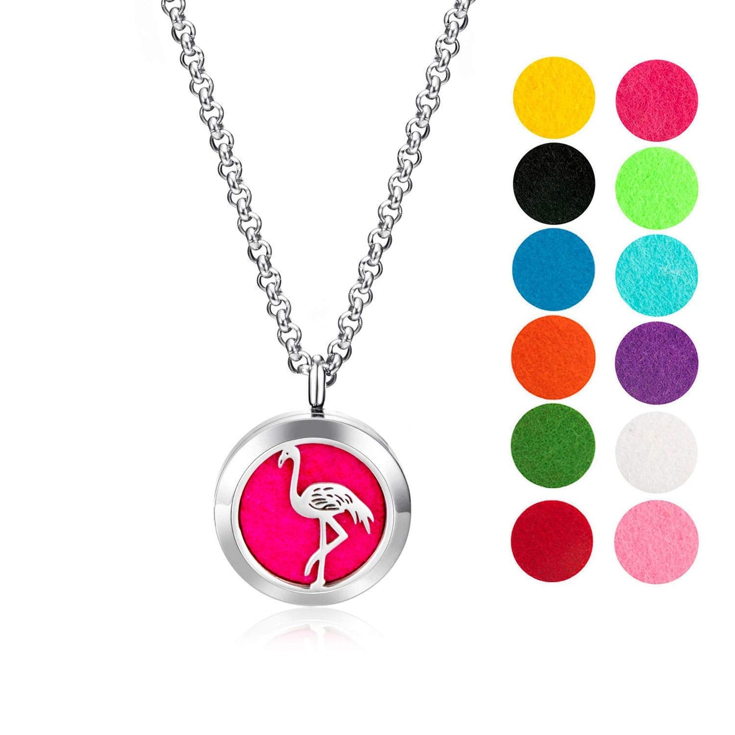 Wild Essentials Flamingo Essential Oil Diffuser Necklace, Stainless Steel Locket Pendant with 24 inch Chain, 12 Color Refill Pads, Customizable Color Changing Perfume Jewelry for Aromatherapy