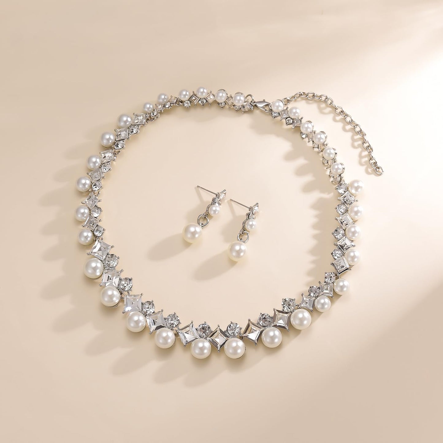 Ailunor Pearl Jewelry Set: 14K Gold/Silver Plated Pearl Drop Earrings, Bracelets & Choker Necklace - Wedding Bridal Gift (2pcs Silver)
