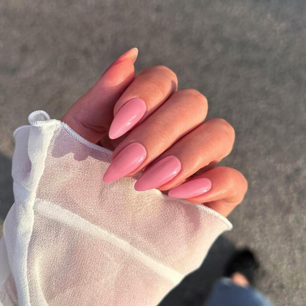 KQueenest Glossy Dark Pink Press on Nails Medium Almond Stiletto Gel Fake Nails Medium Pure Color Acrylic Nails Press ons Feature Protective UV Coating in 24PCS