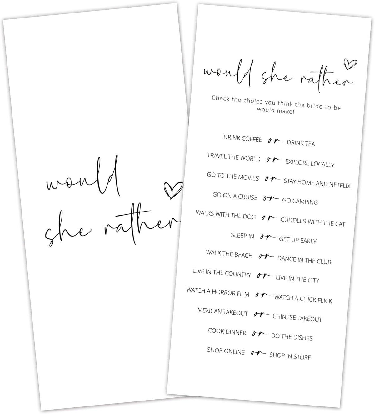 Bridal Shower Games, Would She Rather, 25Pcs 4x9inch Minimalist White Double-Sided Bridal Game Cards, Wedding Shower Games for Guests, Engagement Bachelorette Party Supplies - A15