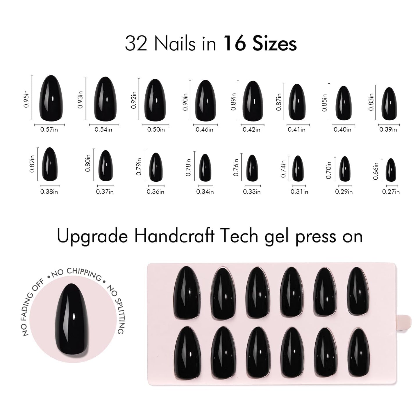 VSALON Almond Medium Press on Nails, Glossy Black Finish Clean Look Reusable False Nails, Salon Quality Gel Fake Nails Kit with Glue & Cuticle Oil - 32 pcs Nails in 16 Sizes