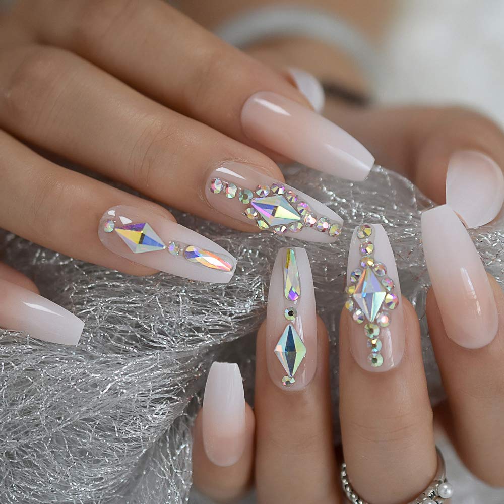 iMABC 3D Nails Ballerina Luxury Pink Gradient Press On Nails Full Cover Ombre Coffin French Stick on Nails Kit Bling Acrylic Tips