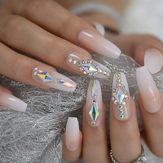 iMABC 3D Nails Ballerina Luxury Pink Gradient Press On Nails Full Cover Ombre Coffin French Stick on Nails Kit Bling Acrylic Tips