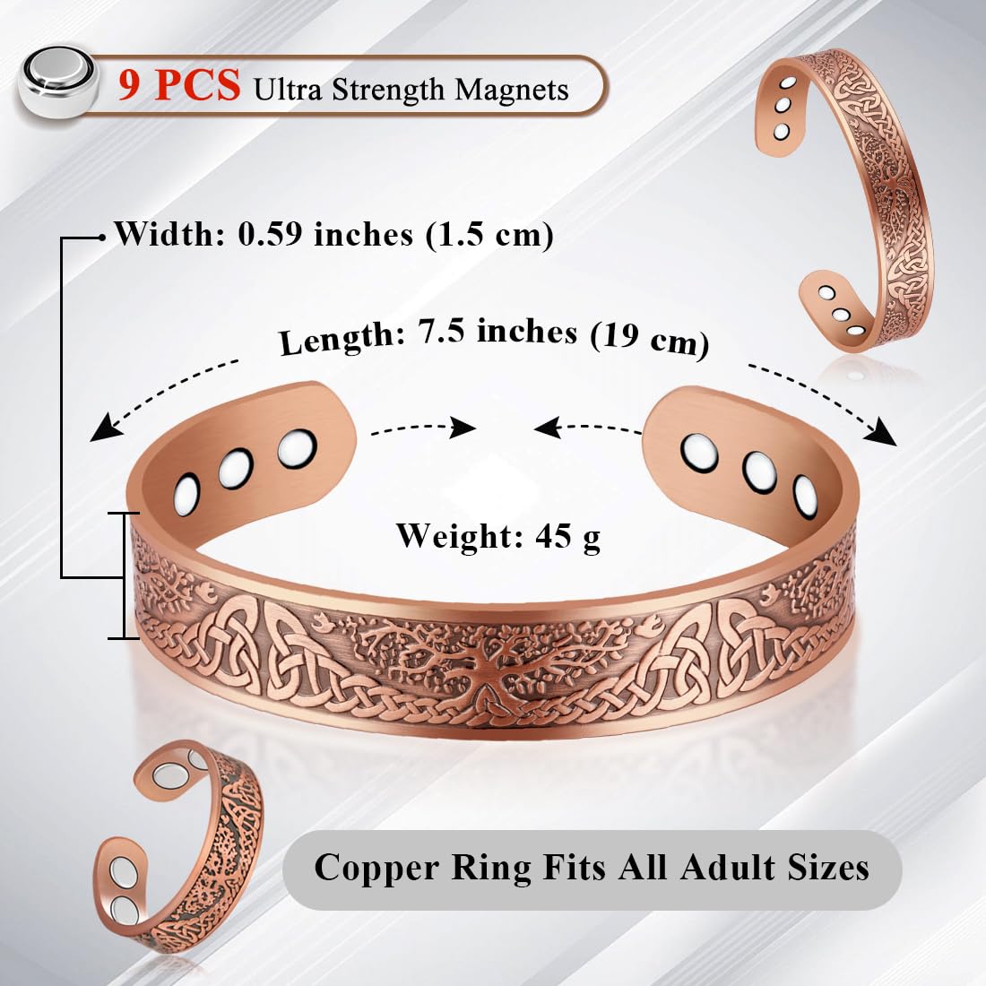 Vicmag Copper Magnetic Bracelet for Men Magnetic Bracelets 9X Ultra Strength Magnets Tree of Life Pattern Adjustable 99.9% Solid Pure Copper Present(Tree & Ring)