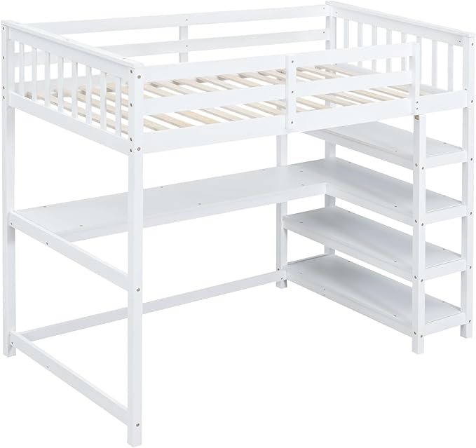 Twin Size Loft Bed with Storage Shelves and Under-Bed Desk,Bedroom Multifunctional Bed Frame w/Solid Wood Slat Support & Full-Length Guardrail,for Adult Boy Girl Teen,White
