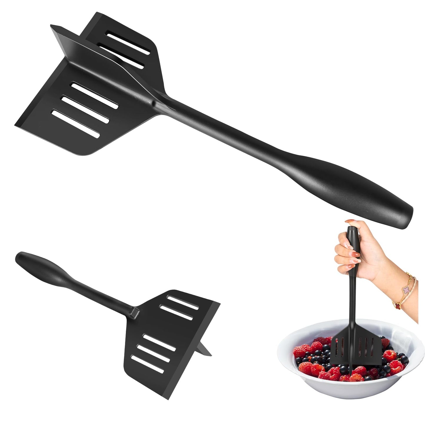 YHBARK Professional Heat Resistant Nylon Meat Cut, Spatula and Meat crusher Double Function, Potato Masher，Non-scratch Utensils，Good Grips Ground Meat Chopper,Black