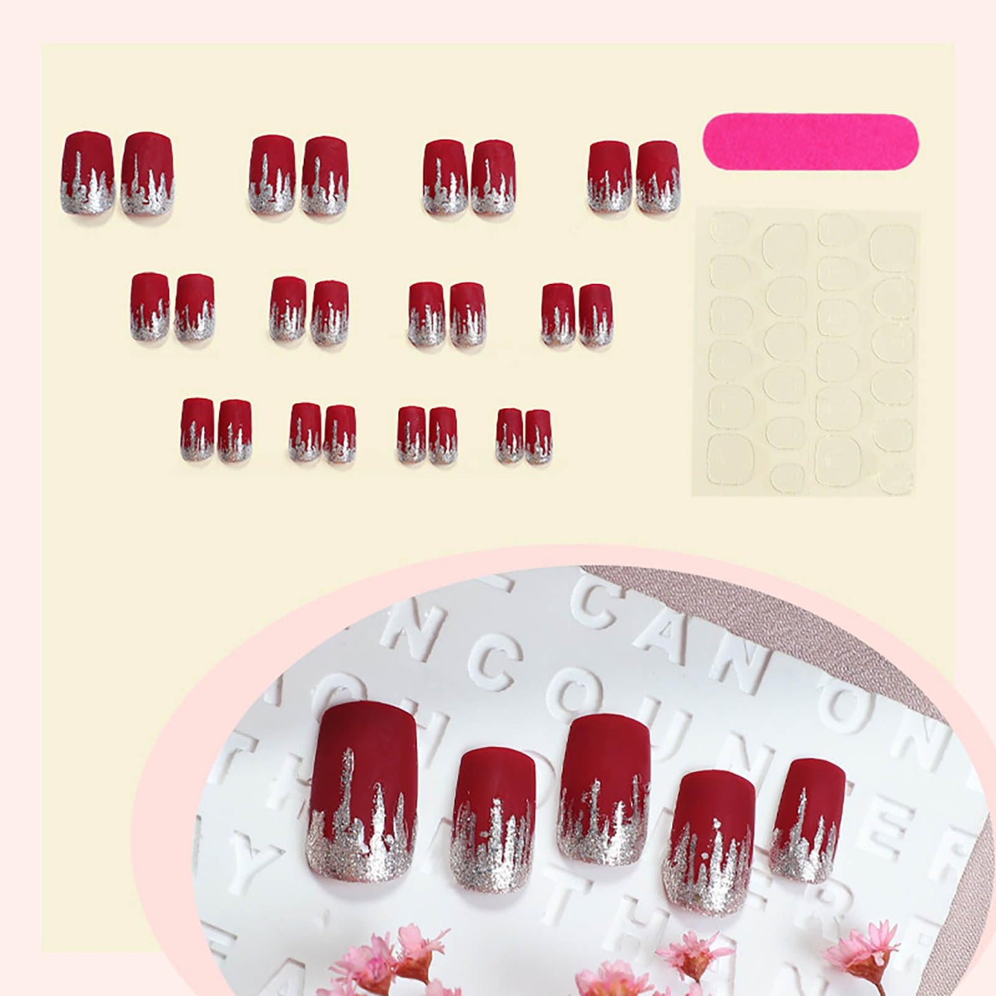 Rilafuvu Wine Red Press on Nails Medium Square Fake Nails Red Full Cover Acrylic False Nails with Design Glue on Nail Glitter Silver Nails Press ons Artificial Stick on Nail for Women 24Pcs