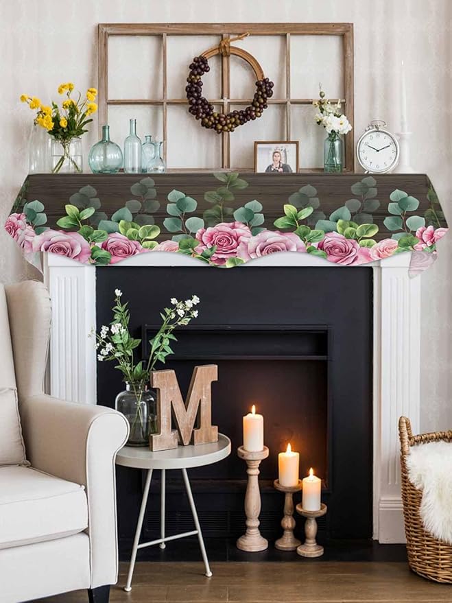 Spring Pink Roses Fireplace Mantel Scarf Table Runner, Pastoral Eucalyptus Leaves Brown Wooden Winter Garland Mantel Top Tablerunners Dresser Scarves Cover for Windows Party Living Room 60''x17''
