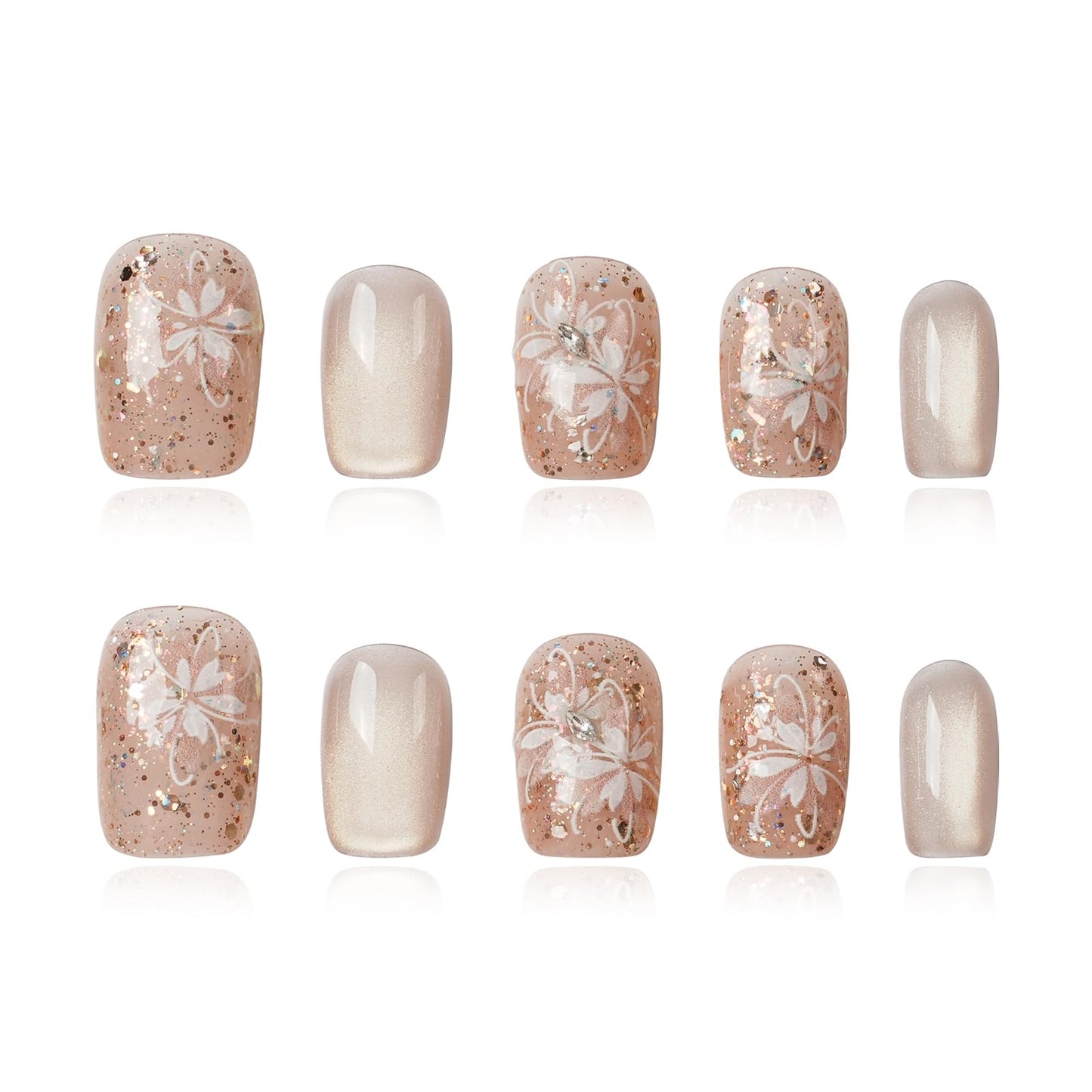 Tesytto Handmade Press on Nails Glitter Short Coffin, Nude Pink with Flower & Butterfly Pattern, Reusable Full Cover False Nails 10Pcs (Warm Glossy Dream,M)