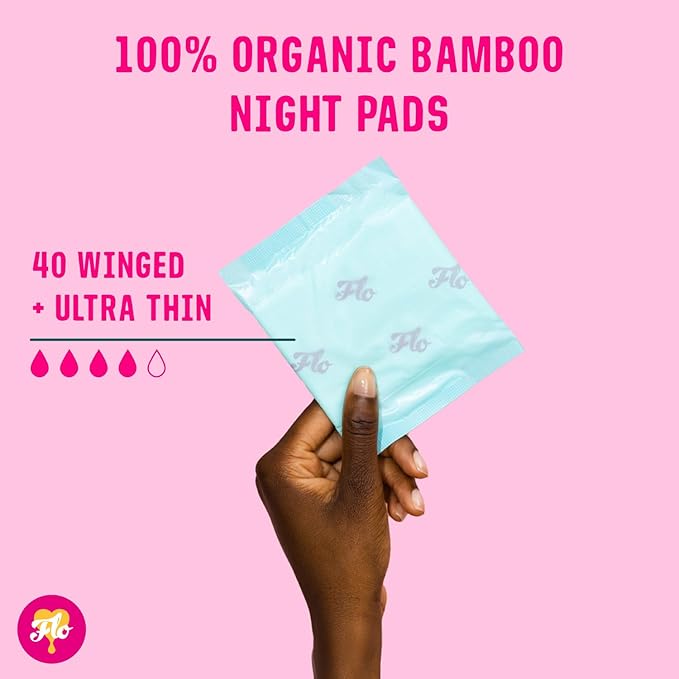 Flo Bamboo Night Period Pads with Wings. Super absorbant, Soft, Thin (40 Pads)