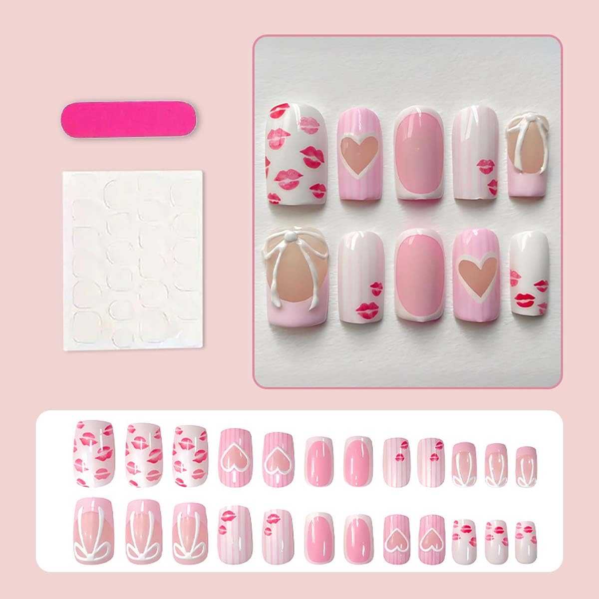 24Pcs Valentines Press on Nails Medium Square Red Lips Heart Fake Nails Bow Stripe Design Glue on Nails Pink Glossy French False Nails for Women Valentine Nail Decoration for Women Gift