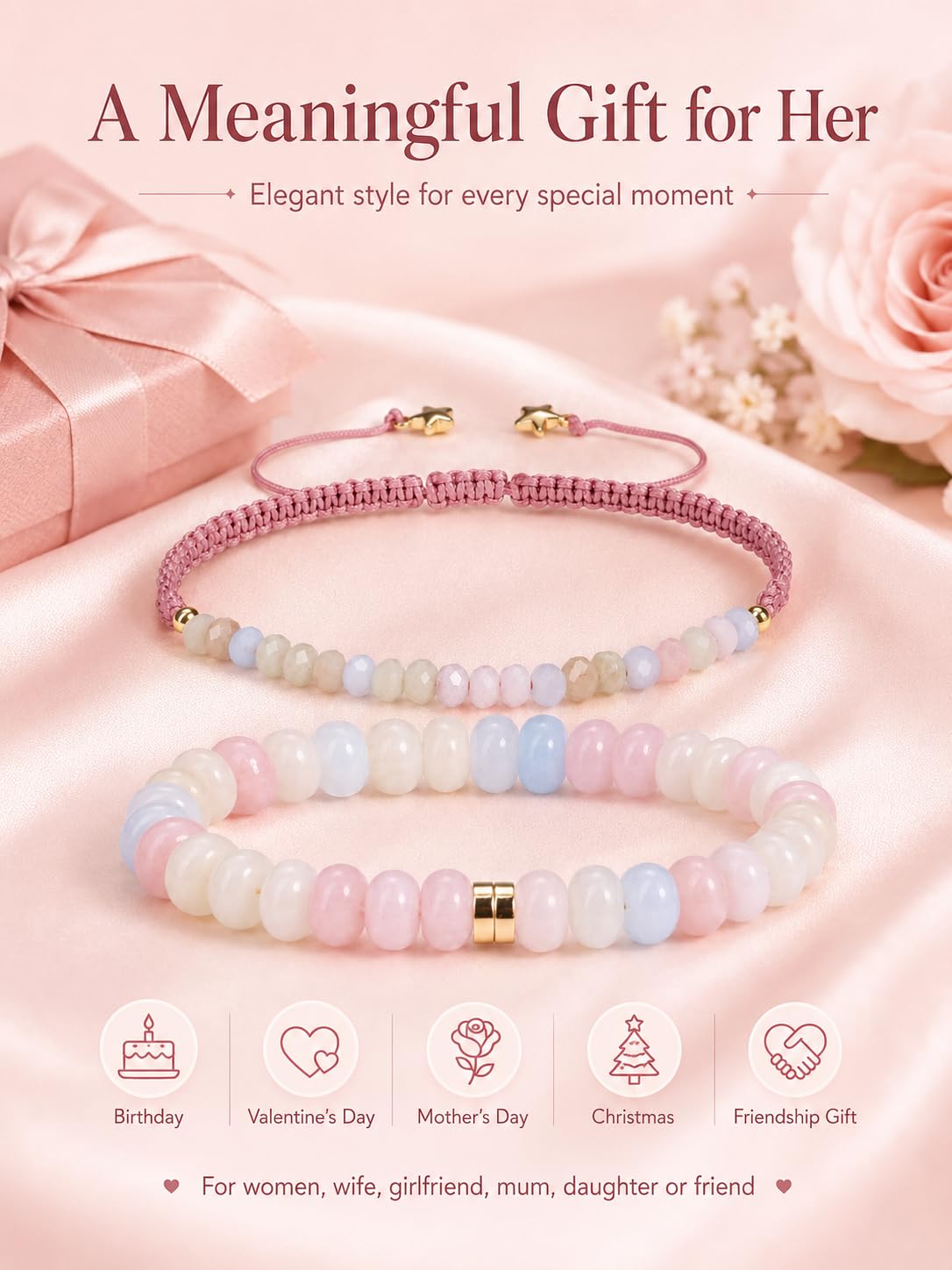 CrystalTears Morganite Beaded Bracelets for Women, 2pcs Stackable Boho Crystal Gemstone Bracelets Set with Stretch Bracelet and Adjustable Braided Bracelet Summer Beach Jewelry Gifts for Women Her