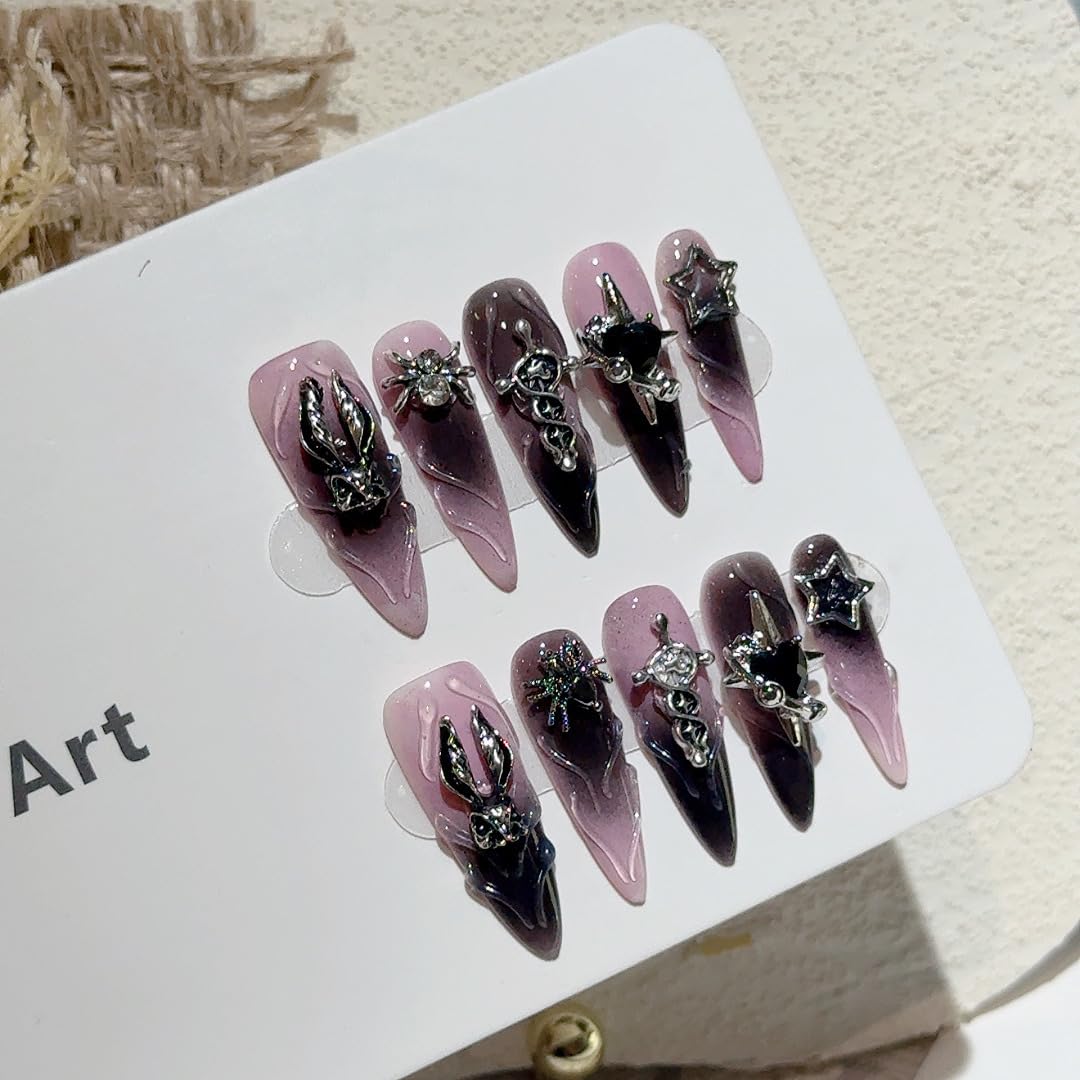 GLORS Gothic Press-On Nails, Pink to Black Ombre, Stiletto Shape with 3D Halloween Charms, Handmade False Nail 10 Pieces (Small, LS)