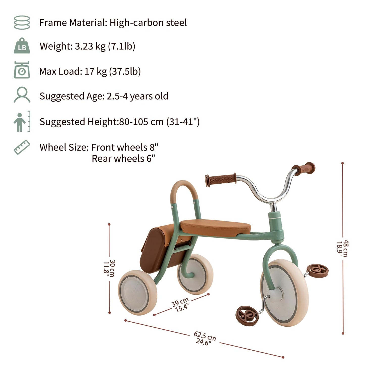 Kidpop Mate Toddler Tricycle Age 2.5-4 Kids First Birthday Gift Toy Bike with Handlebar Grips & Storage for Outdoor Play (Green)