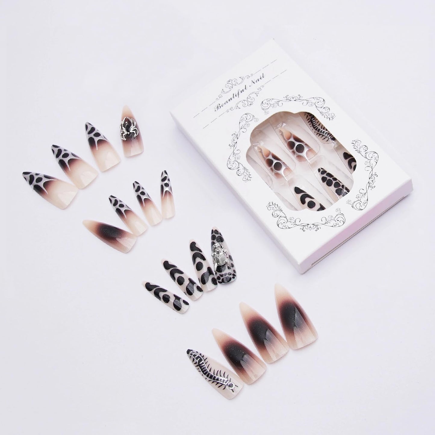 MISUD Press on Nails - Long Stiletto Fake Nails with Goth Black Silver, Acrylic Gothic Y2K Chain Design 24 pcs