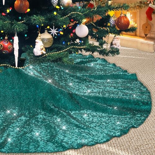 Poise3EHome Teal Christmas Tree Skirt, 36 Inch Sequin Tree Skirt