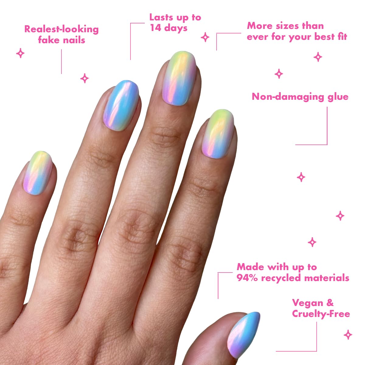 Olive & June Maximalist Instant Mani Press-On Nails (Glue) | 42 Fake Nails, 21 Sizes | Non-Toxic, Long-Lasting Big, Bold Gorgeous Realistic Look | Salon-Quality | Short, Round | Rainbow Aura Chrome