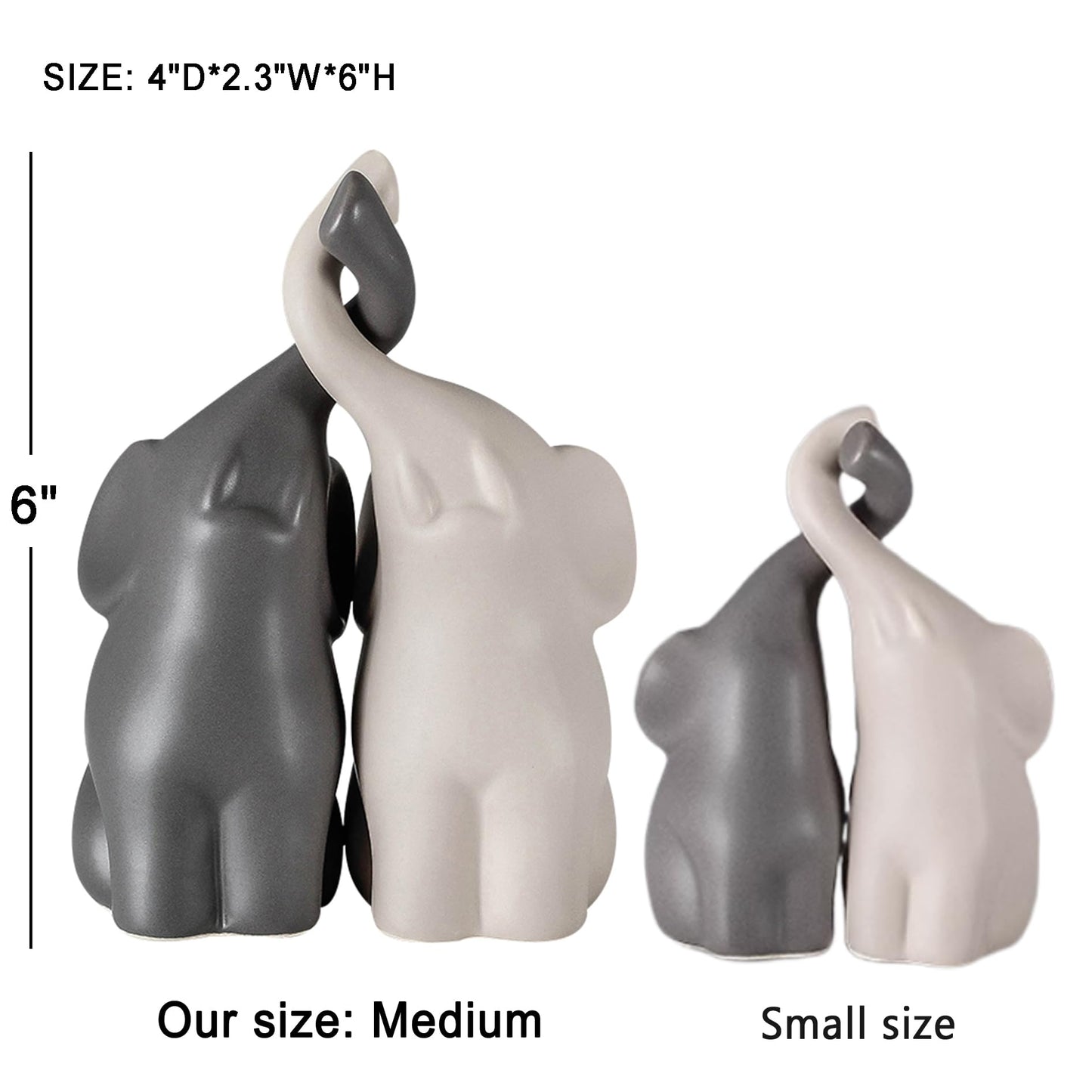 OwMell Set of 2 Loving Elephant Statue Figurine, 6" Elephant Ring Holder, Gifts for Couples Home Lucky Decor - Grey