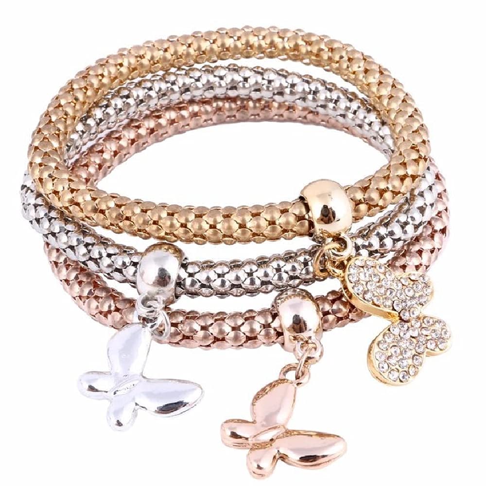 SILANER Crystal Charms Multilayer Bracelets - 3PCS Gold/Silver/Rose Gold Corn Chain Bracelet for Women, Solid Butterfly Charm Shaped Stretch Bracelet (Solid Butterfly Charm Bracelet)