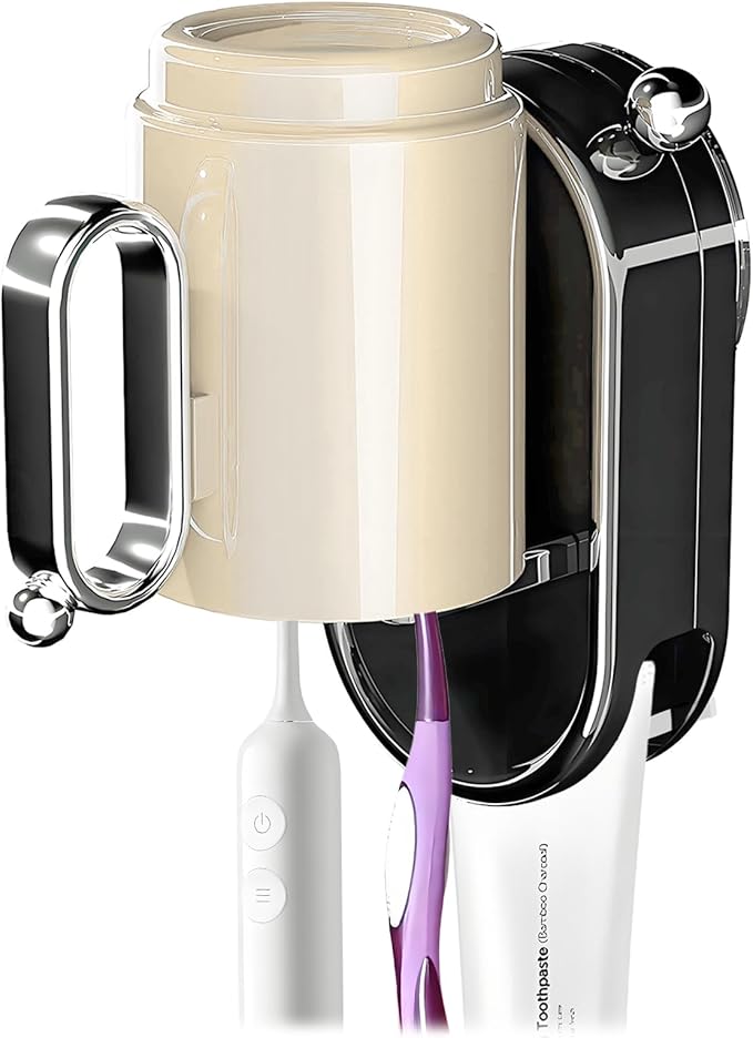 Toothbrush Holder Wall Mounted with Toothpaste Holder & Detachable Cup - Removable Suction Cup in Bathroom Sink, Shower - Space Saving, Ventilation Design for Family, Renters